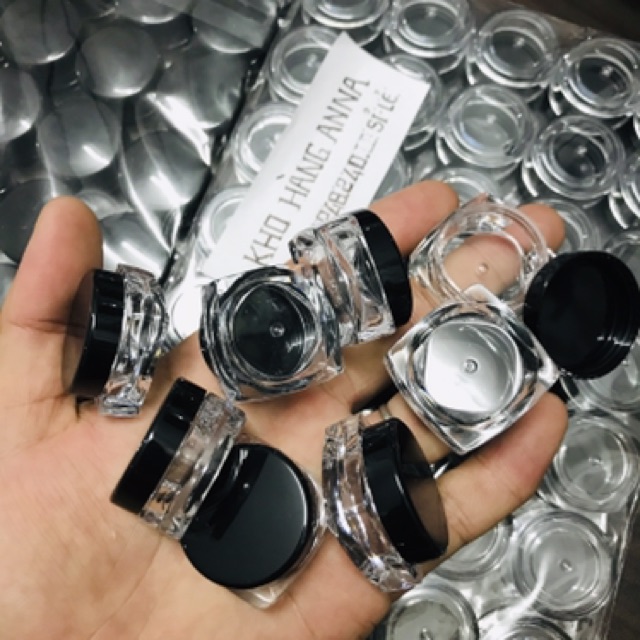Vỉ 100 hủ nhựa cứng nhỏ trong suốt nắp đen 3gr/ 5gr/ 10gr   - Hủ Nhựa Vuông- combo 100 hủ kiếng nắp đen nhỏ- hủ mỹ phẩm