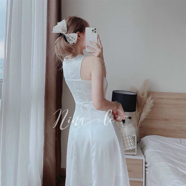 (Sale FreeShip) Đầm thiết kế đi tiệc,đầm nữ cổ yếm dáng xòe chất phi lụa mềm,tone trắng sang chảnh hàng chuẩn shop