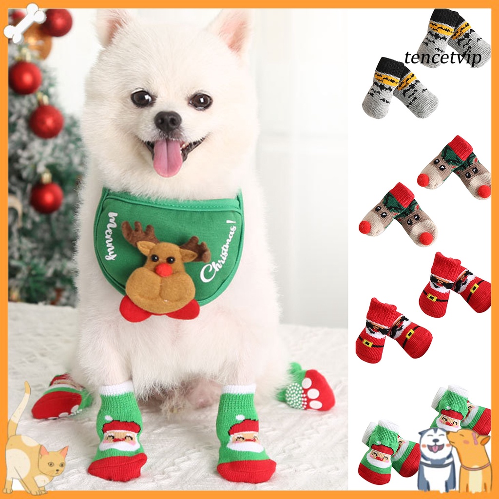 Bộ 4 Vớ Ngắn Co Giãn Tốt Chống Trầy In Họa Tiết Ông Già Noel Giáng Sinh Cho Thú Cưng