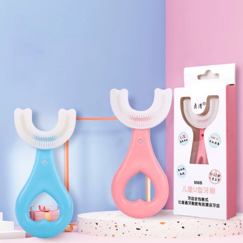 Bàn Chải Đánh Răng Cho Bé Silicone Cao Cấp Chữ U Và Tay Cầm Nhựa Trái Tim Làm Sạch Răng Miệng An Toàn Và Thoải Mái