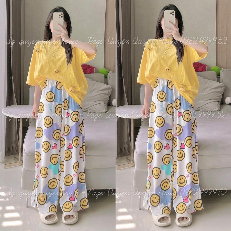 Set áo cotton đính mặt cười quần suông gân R6