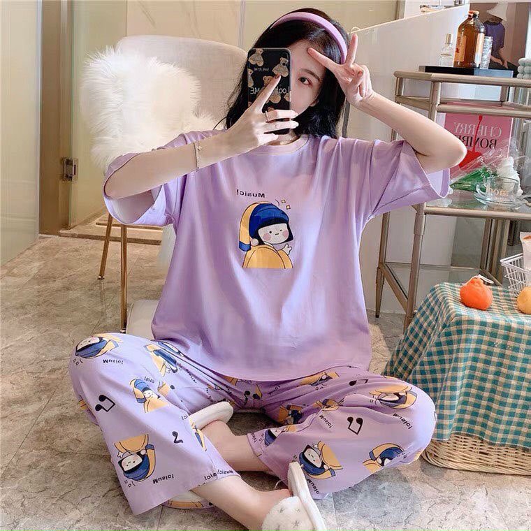 Bộ quần áo nữ, quần dài áo cộc tay chất vải cotton cực mềm mịn, in hình cô gái 3D dễ thương, bộ đồ mát mẻ thoải mái.