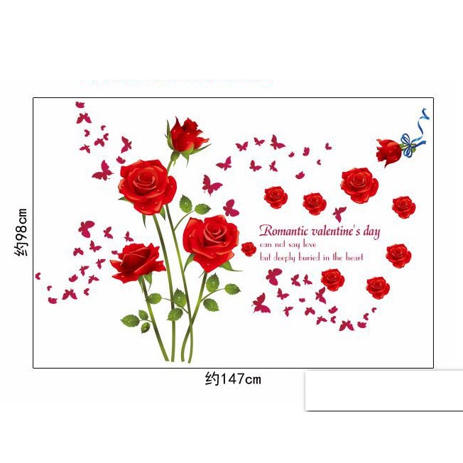 Decal trang trí tường Hoa Hồng Đỏ bông nhiều