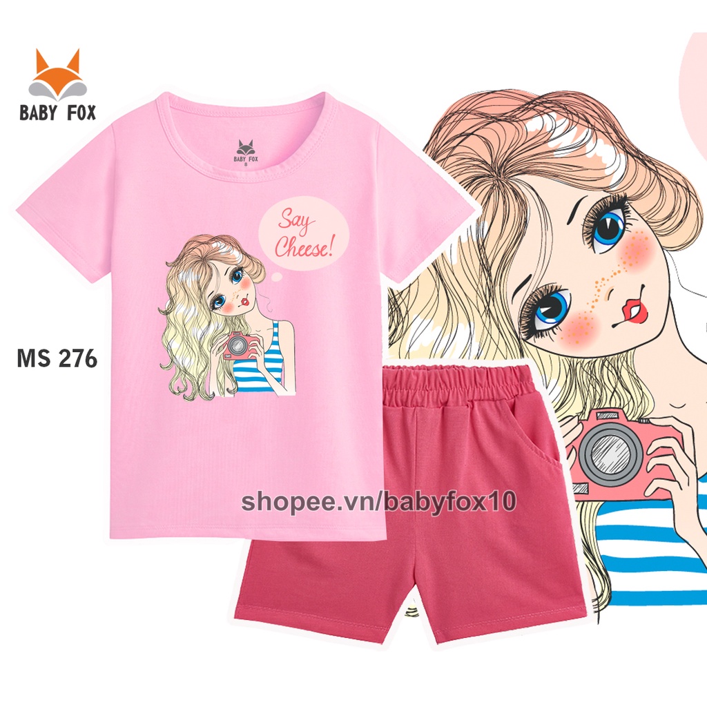 Bộ thun bé gái 100% cotton loại tốt, thương hiệu BABY FOX, in hình bé gái, size nhỏ, trung, đại b