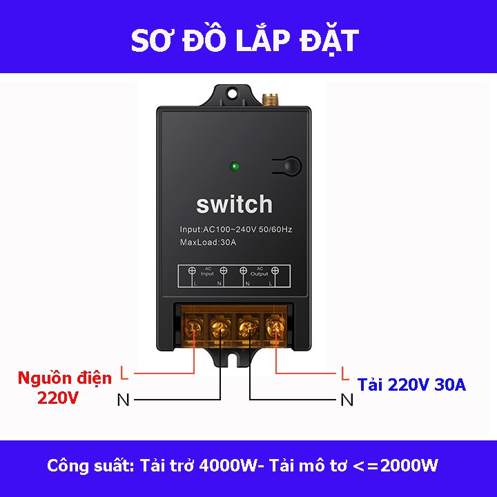 Công tắc điều khiển từ xa 5Km(5000m)/220V 30A có học lệnh tần số 433MHZ điều khiển máy bơm nước máy rửa xa