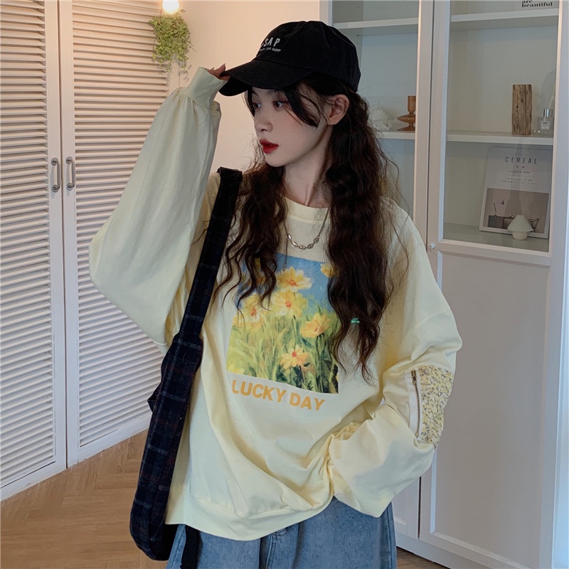 SUXI Áo Thun Sweater Thể Thao Tay Dài Cổ Tròn Dáng Rộng In Họa Tiết Thời Trang Mùa Thu