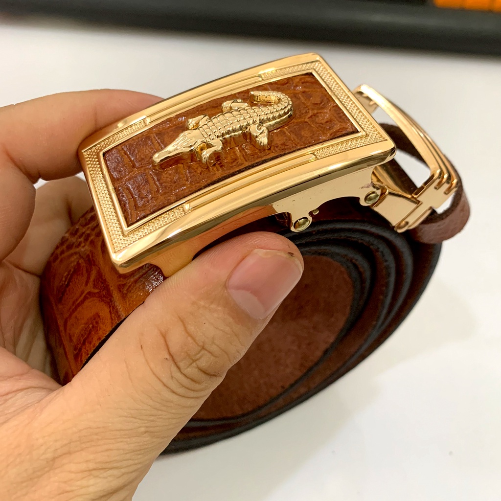 Thắt Lưng Nam Da Bò Nguyên Miếng 1 Lớp Màu Nâu Nhạt Dập Vân Cá Sấu Mặt Khóa Tự Động Gold