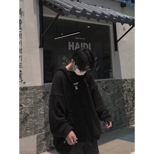 ÁO KHOÁC HOODIE ZIP NAM NỮ UNISEX CÓ MŨ RỘNG MÀU ĐEN FUNKY