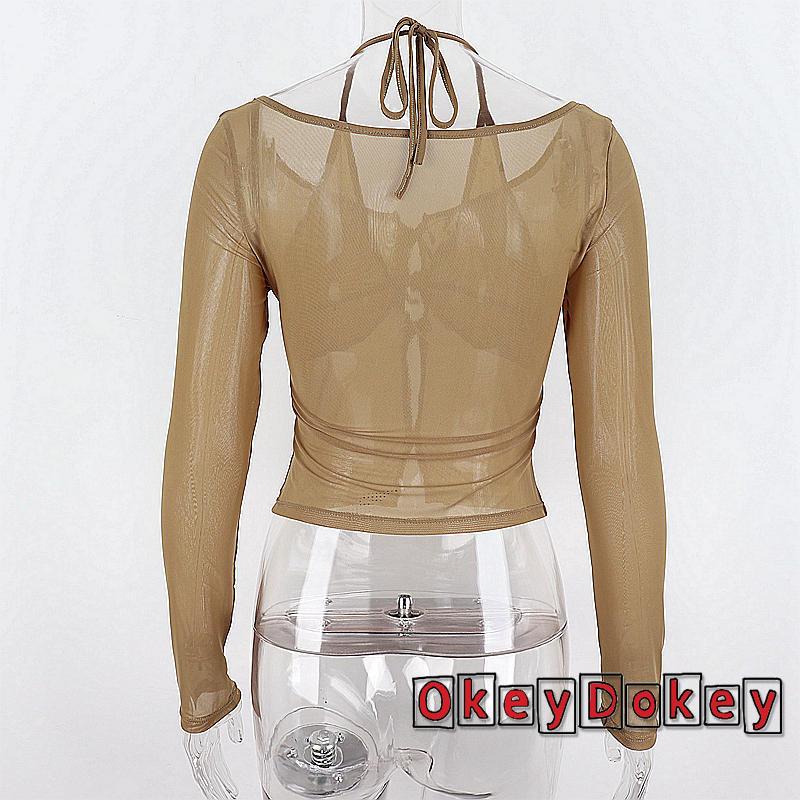 Áo Croptop Tay Dài Dáng Ôm Màu Trơn Phối Nơ Xuyên Thấu Gợi Cảm Cho Nữ