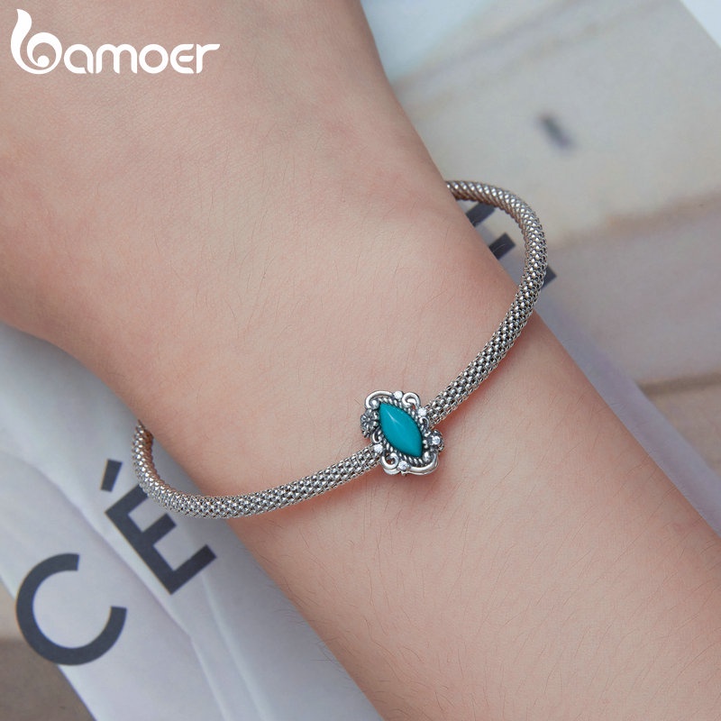 Hạt xỏ BAMOER bạc 952 đính đá ngọc lam nhân tạo