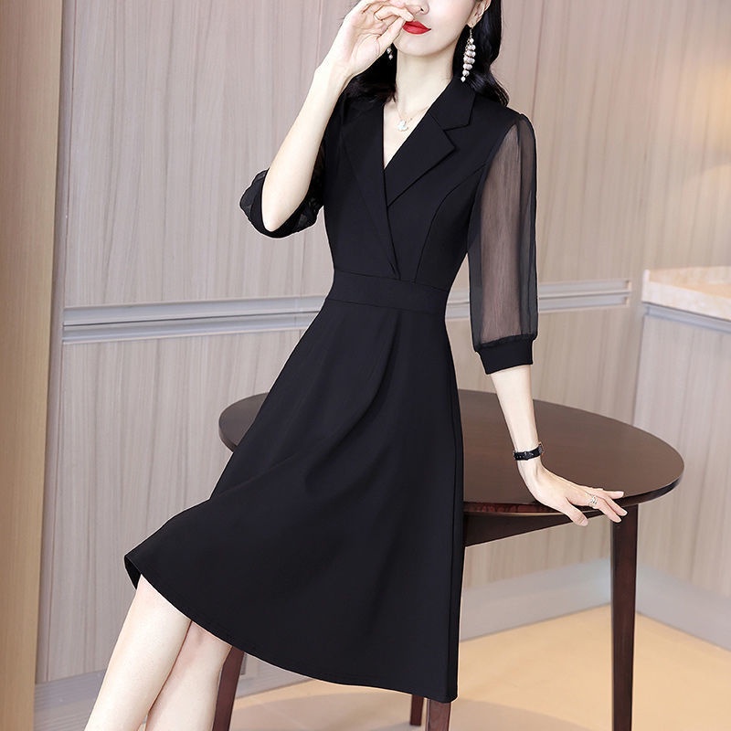 Đầmchữ A cổ chữ V tay áo lưới màu đen phong cách Pháp dành cho nữ