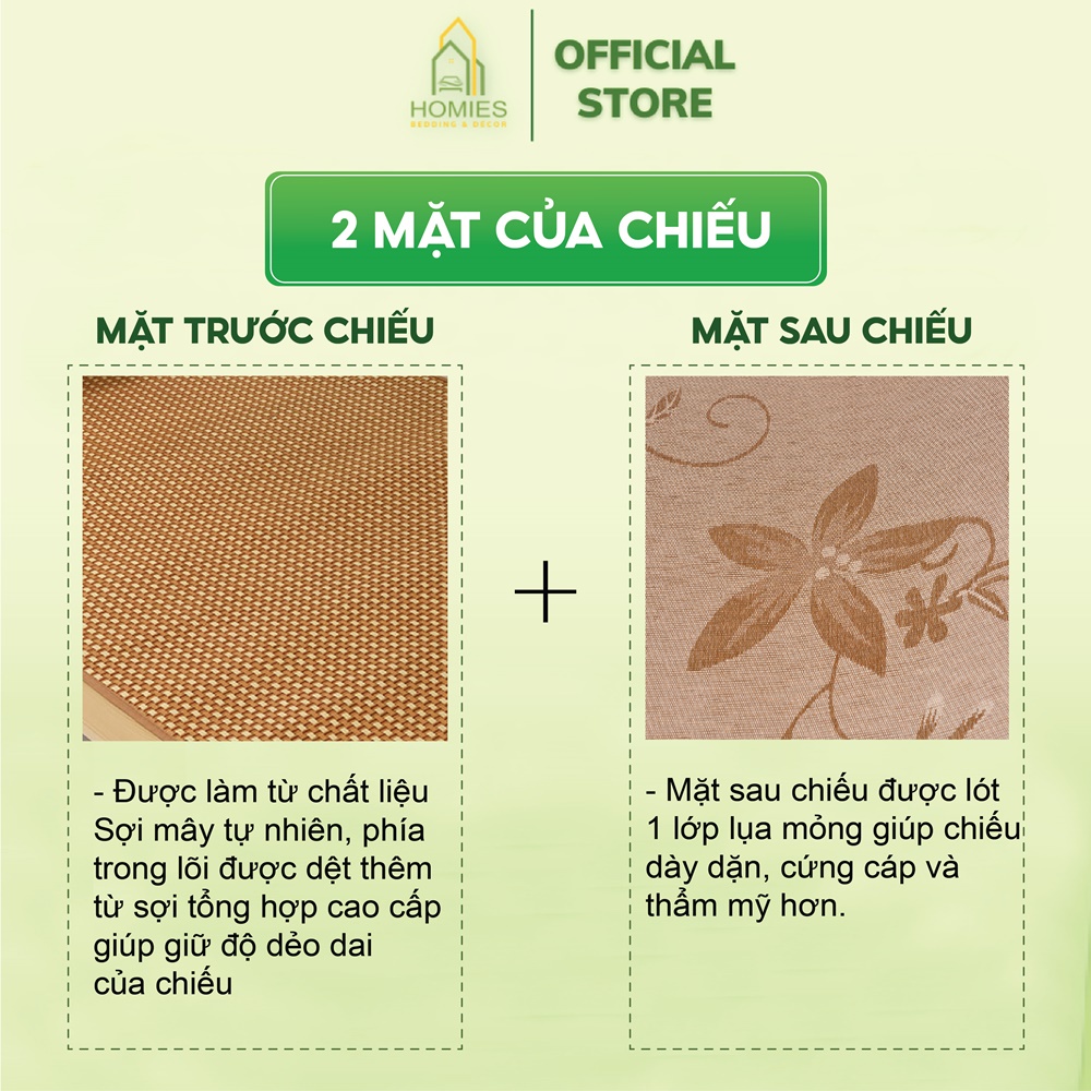 Chiếu Điều Hòa Sợi Mây Lót Lụa Tự Nhiên HOMIES Cho Giường Cá Nhân, Giường Tầng Kí Túc Xá - Mát Lạnh Mùa Hè