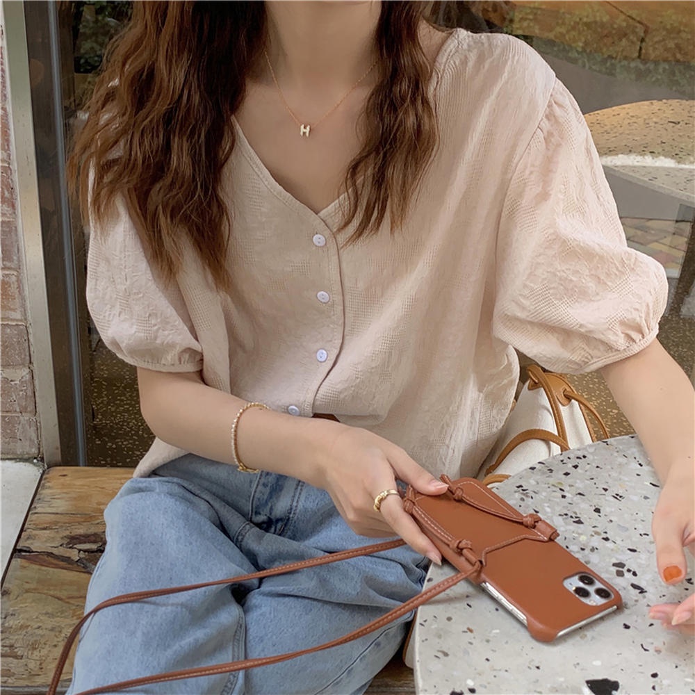 Áo Sơ Mi Jacquard Tay Ngắn Cổ Chữ V Dáng Rộng Phong Cách Mới 50635