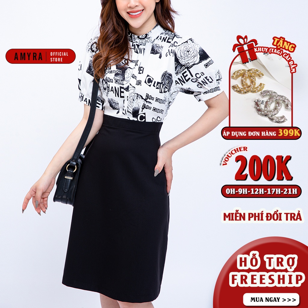 Đầm công sở dự tiệc cổ trụ phối màu giả chân váy tay ngắn cao cấp trẻ trung AMYRA Da143