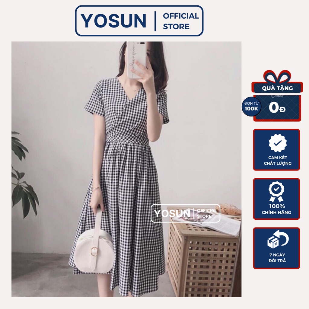 Đầm Nữ Dự Tiệc Họa Tiết Caro Cổ V Đắp Chéo Tay Ngắn Thanh Lịch, Váy Nữ Công Sở Dáng Xòe Thắt Nơ Sau Màu Đen Trắng