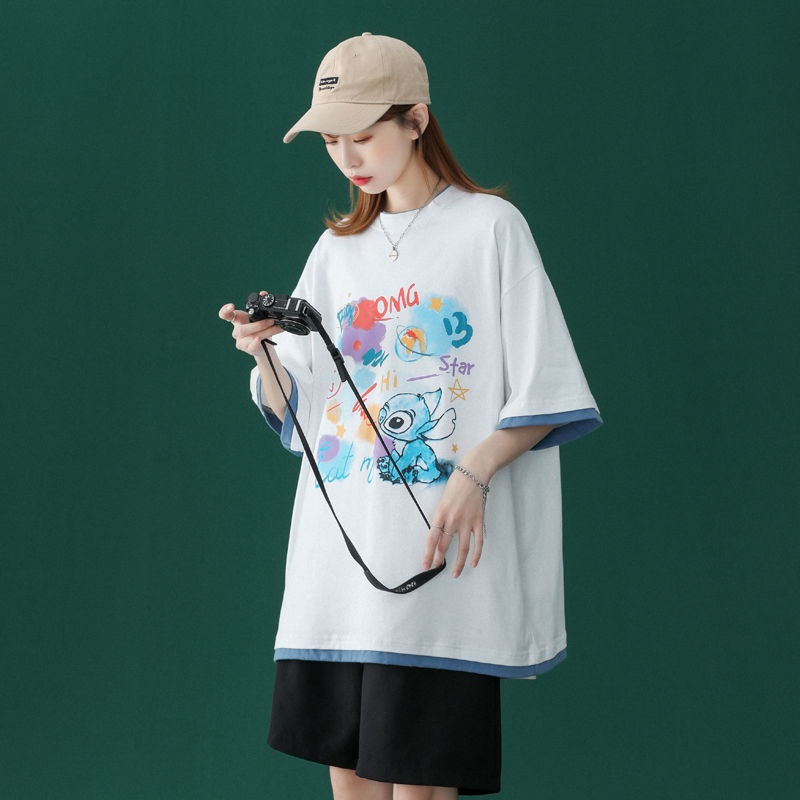 AMOI Áo Thun Ngắn Tay Cổ Tròn Giả Hai Lớp Thời Trang Cho Nữ