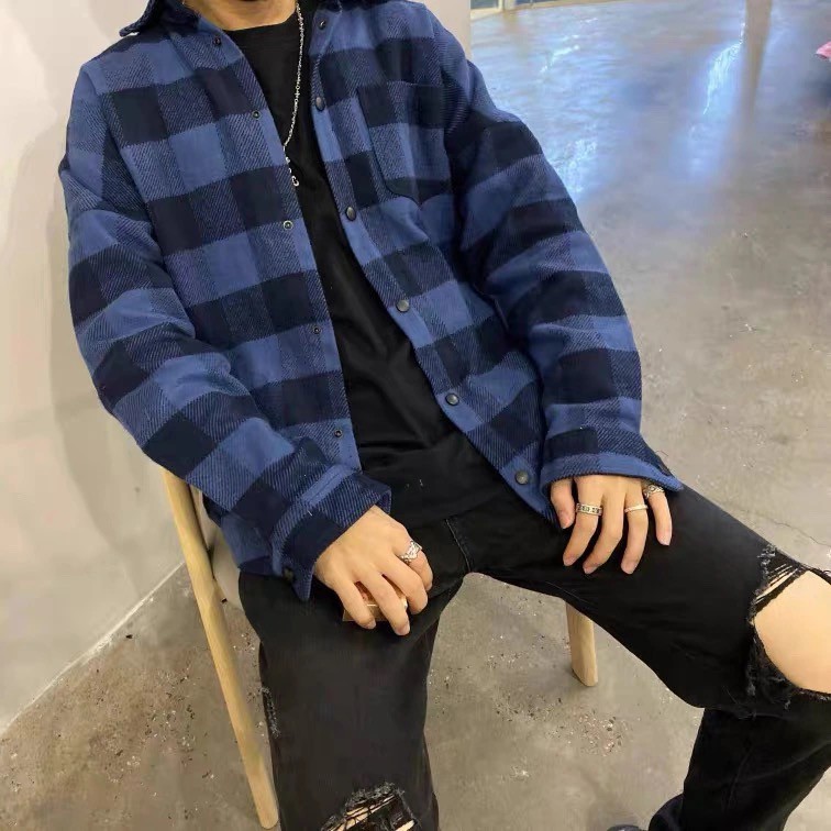 Áo Flannel unisex cúc bấm phong cách streetwear
