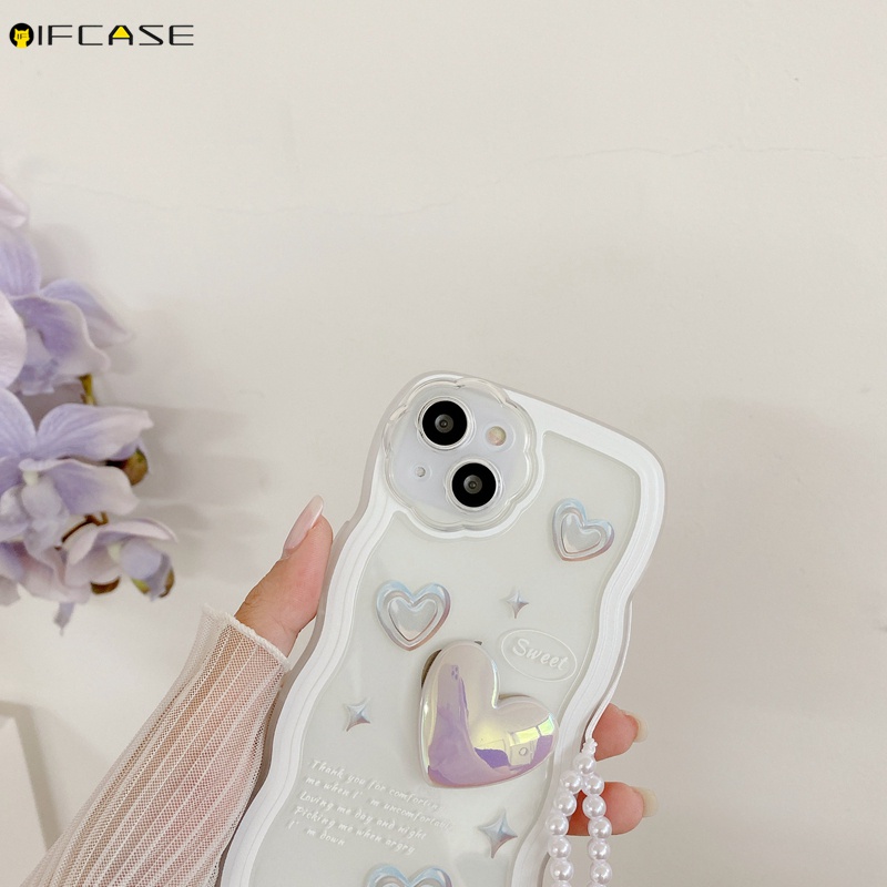 Ốp Điện Thoại Dẻo Màu Laser Họa Tiết Trái Tim Kèm Dây Đeo Ngọc Trai Cho iPhone 13 12 11 Pro Max XS Max XR X 7 8 6 6s