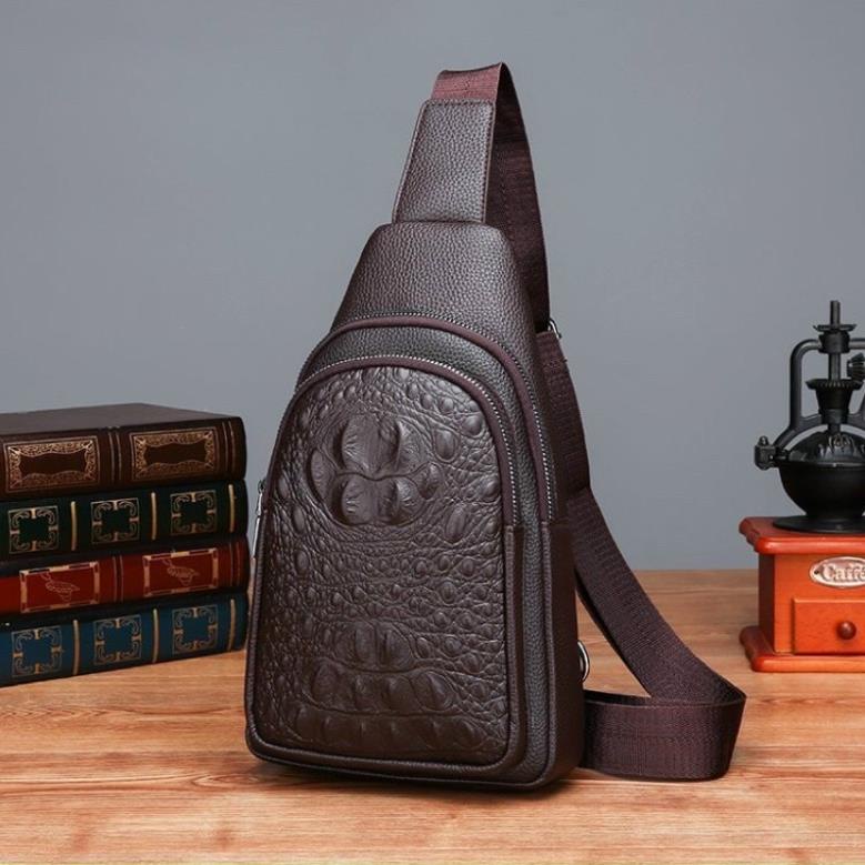 Túi đeo chéo da bò dập Vân cá sấu, túi xách da bao tử nam đeo ngực hông bụng cao cấp đẹp - A&ESHOP 65657