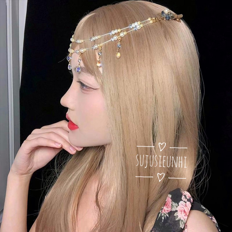 dây cài trán cosplay cổ trang tạo hình chuỗi ngọc 2 tầng trang trí tóc