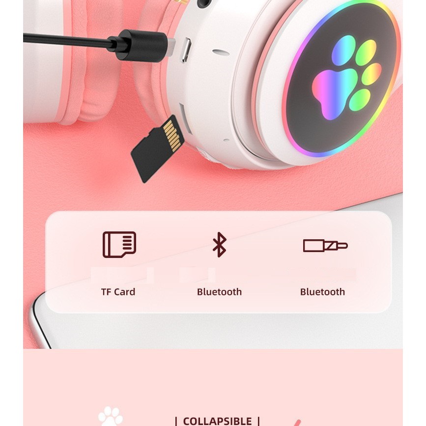 Tai nghe bluetooth 5.0, tai nghe mèo siêu dễ thương, có led RGB,khe cắm thẻ nhớ và đầy đủ nút bấm | BigBuy360 - bigbuy360.vn