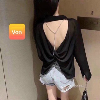ÁO SƠ MI VOAN HỞ LƯNG PHỐI DÂYNGỌC TRAI SIU GỢI CẢM
