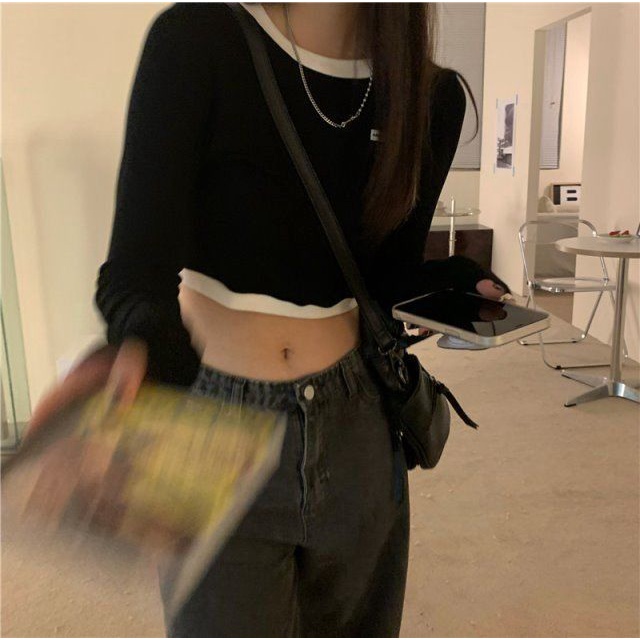 Áo Thun Tay Dài Cổ Tròn Màu Sắc Tương Phản Thời Trang Cho Nữ