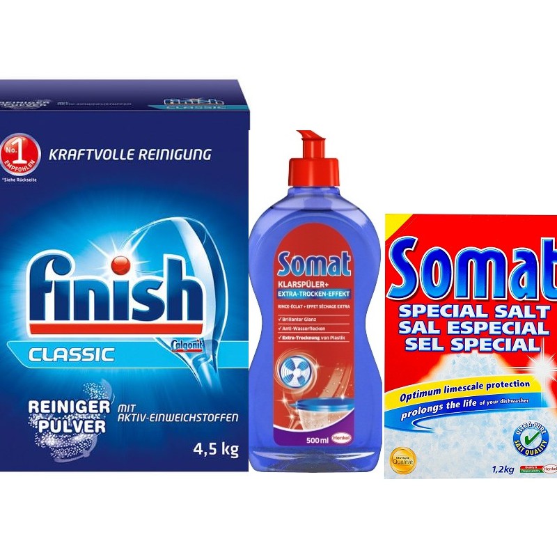 Combo bột rửa bát Finish muối làm mềm nước Somat và nước làm bóng Somat