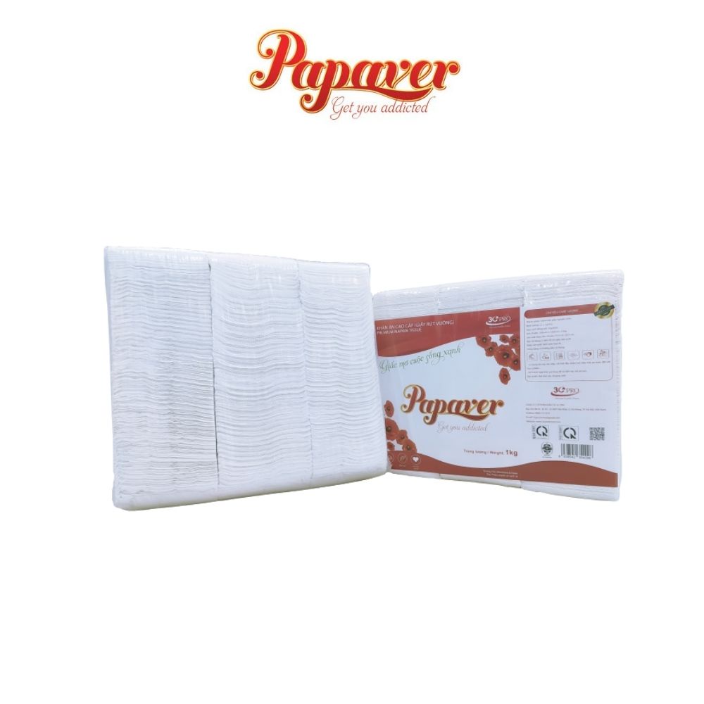 Giấy Ăn Nhà Hàng Papaver, Combo 10 Bịch 1kg,  2 Lớp,  Xếp/Rút, 100% Bột Giấy Nguyên Sinh