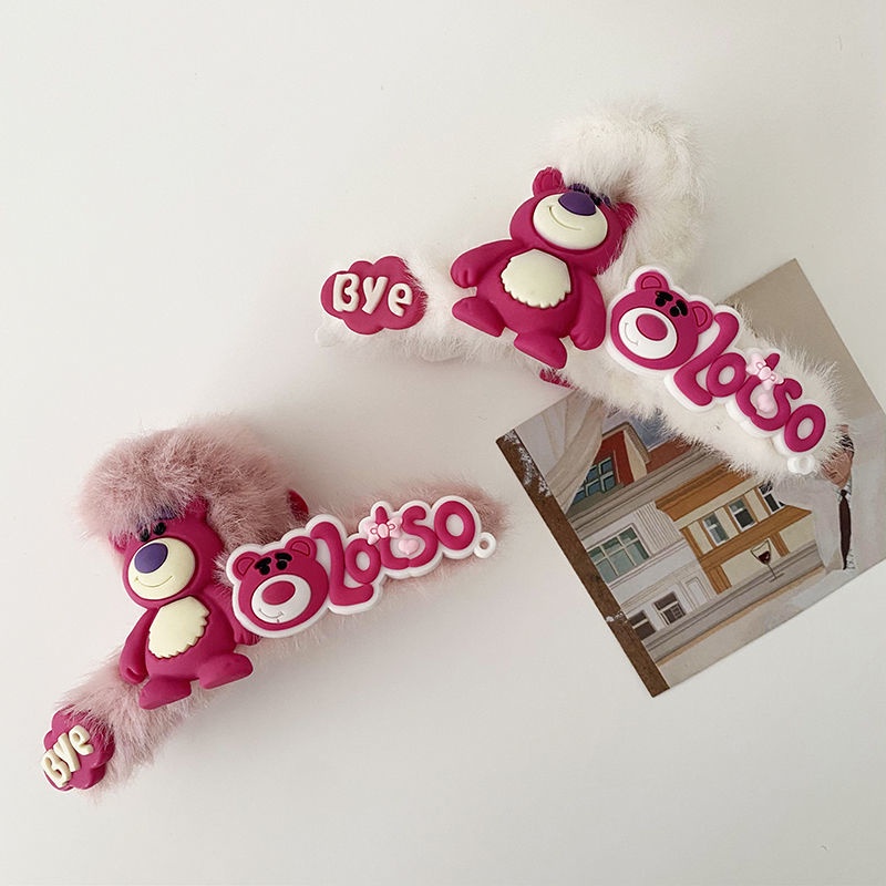 Kẹp Tóc Hình Gấu / Dâu Tây Phủ Lông Màu Hồng Dễ Thương Phong Cách Hàn Quốc Cho Nữ