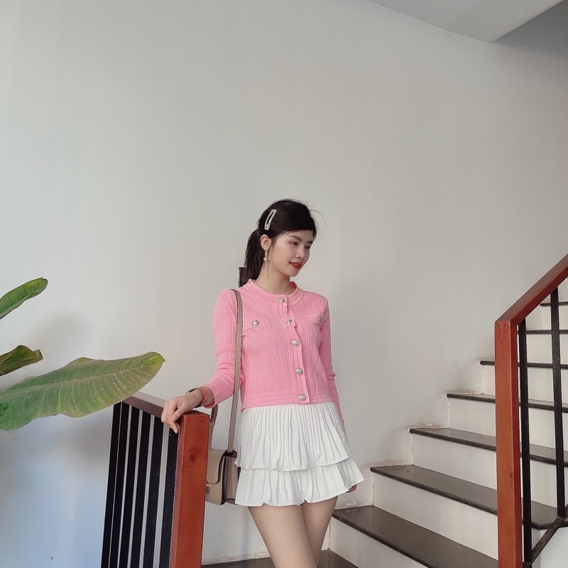 Áo Len Mongtoghi Nữ dài Tay Cổ Tròn Cúc Dọc Vàng Basic Chuẩn Hàng Quảng Châu