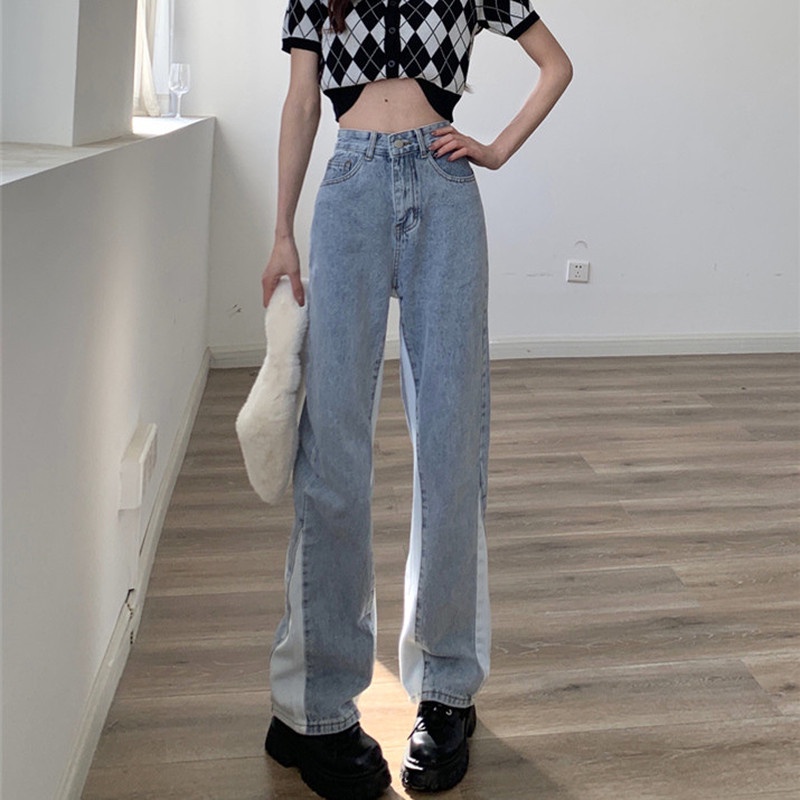 Quần Jean Ống Đứng Thêu Chữ Phối Màu Tương Phản Thời Trang