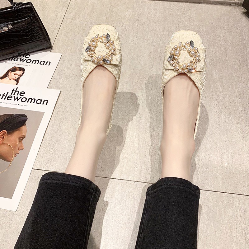 Giầy búp bê nữ tag khuy đá ngọc hàng QC da nhăn