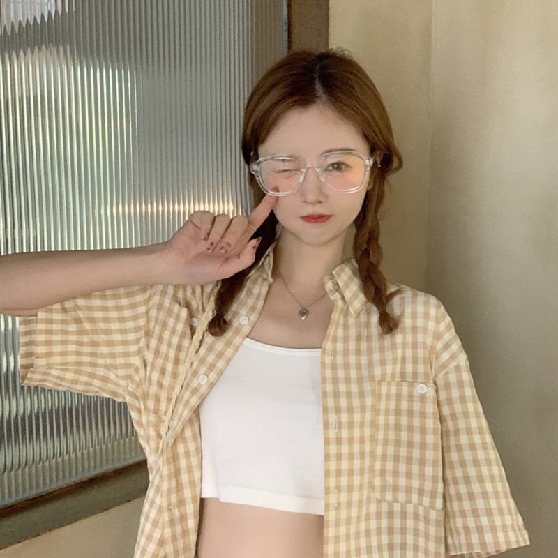 SUXI Áo sơ mi ca rô ngắn tay phong cách thời trang dành cho nữ