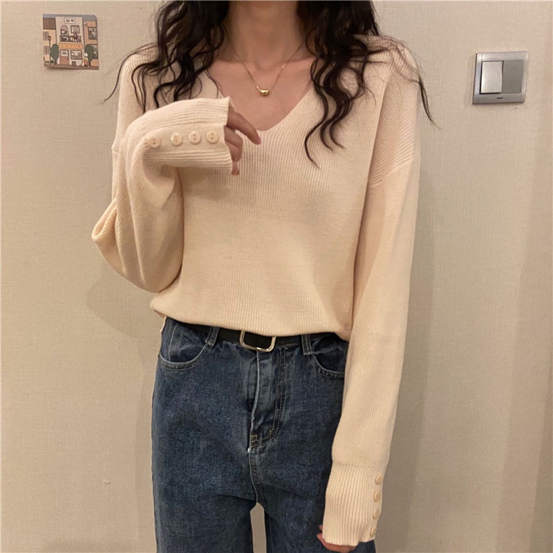 Áo Sweater Dệt Kim Cổ Tim Xinh Xắn Cho Nữ 173069Áo Cổ Thấp Dáng Rộng Màu Sắc Đơn Giản Phong Cách Hàn Quốc