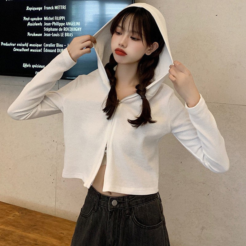 Áo Khoác Cardigan Dệt Kim Tay Dài Màu Trơn Phối Khóa Kéo Cá Tính Cho Nữ