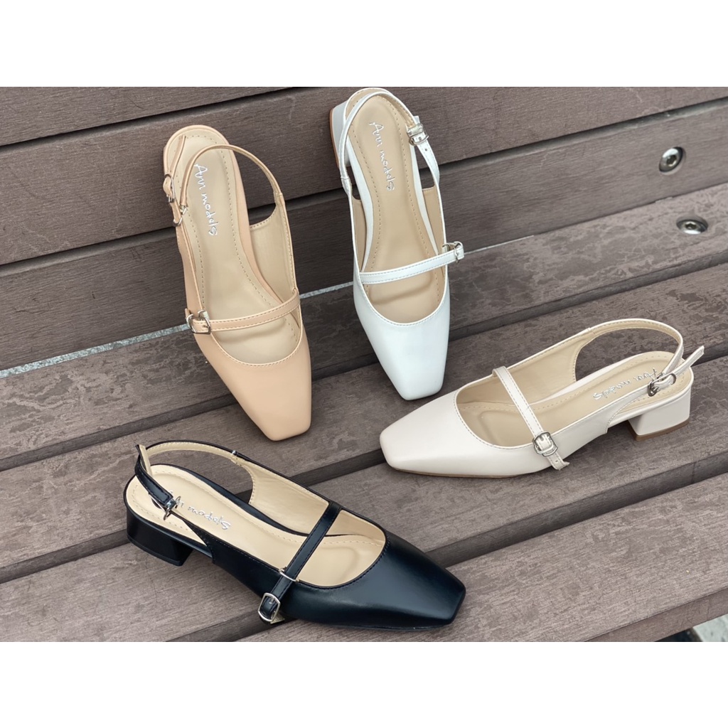 Giày cao gót 3 phân mũi vuông Annmodels gót vuông hở gót phối quai ngang kiểu dáng slingback _A1005QNSB