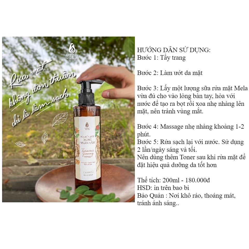 Sữa rửa mặt Mela chai 200ml, Sữa rửa mặt nghệ nhân sâm làm sáng da,giảm mụn,ngừa thâm Mela