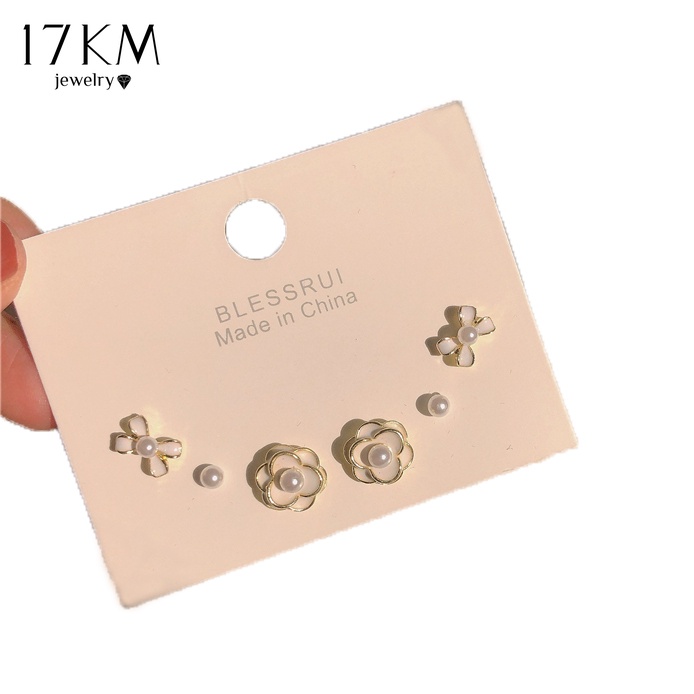 Bộ khuyên tai 17KM bạc S925 hình hoa đính ngọc trai phong cách Hàn Quốc cho nữ