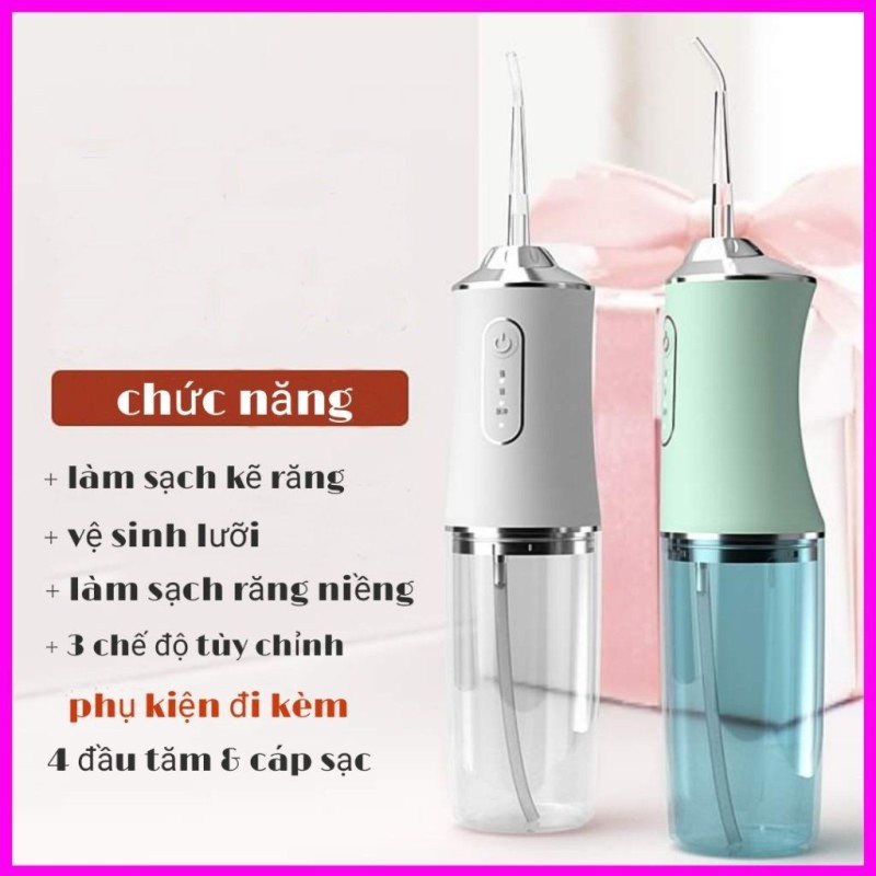 Mua một tặng một Máy Tăm Nước Xịt Vệ Sinh Răng Miệng -Bình nước tháo rời tiện lợi, 4 đầu phun, Pin sạc 2000mAh