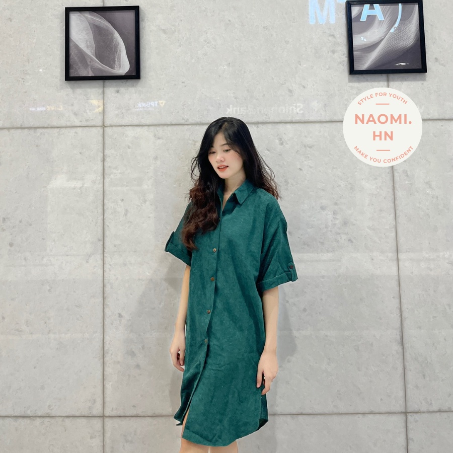 Váy sơ mi nữ nhung tăm cộc tay phối gấp tay kèm cúc. Đầm sơ mi nhung tăm dáng dài suông nhiều màu hothit