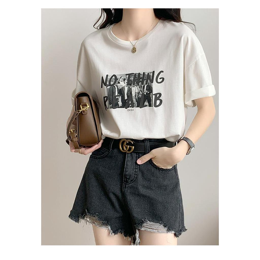 Áo Thun Xám Tay Ngắn Mùa Hè 63903 In Họa Tiết Cho Nữ