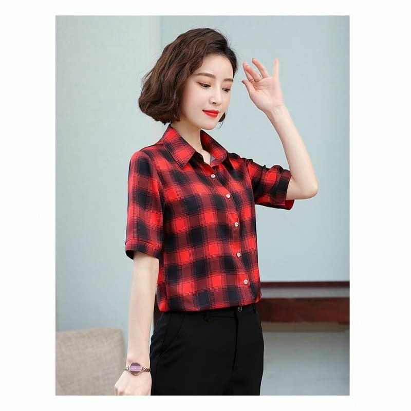 Áo sơ mi tay ngắn kẻ sọc caro màu đen đỏ thanh lịch thời trang phong cách Hàn Quốc cho nữ