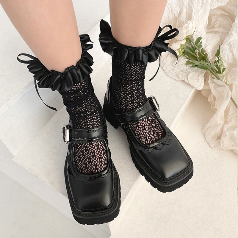 Vớ lưới ống cao vừa phối bèo thắt nơ ruy băng bằng vải satin phong cách Lolita Nhật Bản ngọt ngào cho nữ