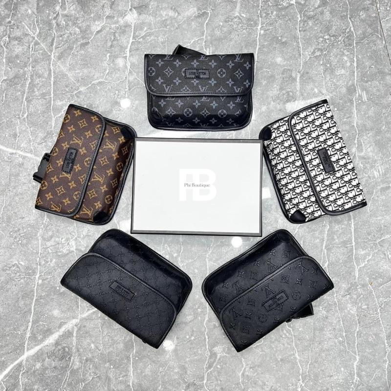 Túi đeo chéo da nam nữ dập nổi vân chữ monogram khoá nam châm thêu mác logo da cao cấp
