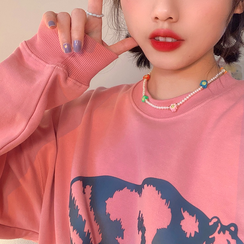 Vòng cổ đính hạt có mặt ngọc trai hình hoạt hình dễ thương nhiều màu sắc dành cho nữ