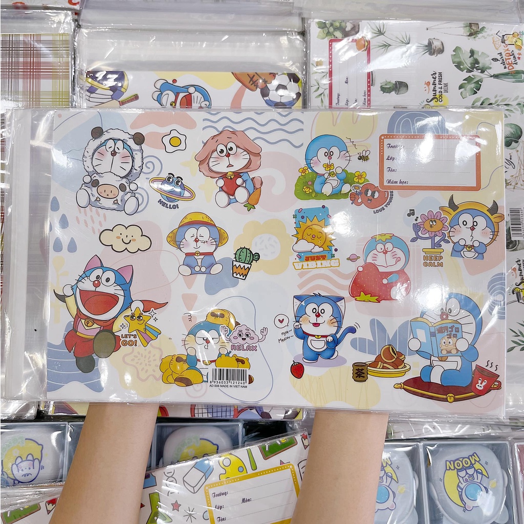 Bìa bao tập kèm giấy kiếng vở A5 xấp 10 tờ hoạ tiết Doraemon/Chim cánh cụt/ Coffe/ Trà sữa đáng yêu