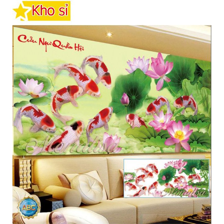 Tranh đính đá cửu ngư quần hội khổ lớn Cá chép, hoa sen Y8246 (120x60cm) [KHO SỈ] Tranh chất lượng cao