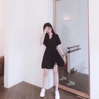 ĐẦM SƠMI ĐEN RÚT EO