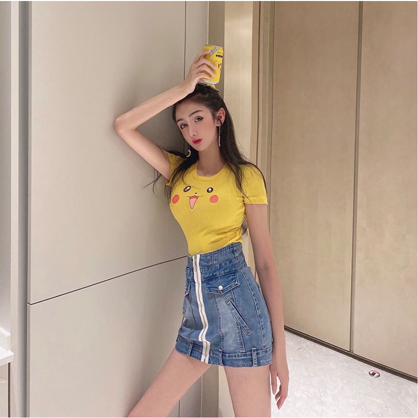 Áo croptop nữ  tay ngắn họa tiết Pikachu dễ thương,Áo Kiểu Croptop Nữ Ôm Body Hottrend 2022